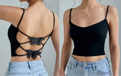 Top corto con correa de mariposa sin espalda de verano para mujer correas de espagueti, talla S Foto 1 de 3