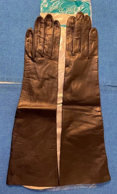 Vintage Van Raalte Black Leather Women's Long Elbow Length Gloves Size 7 - Image 1 of 4
