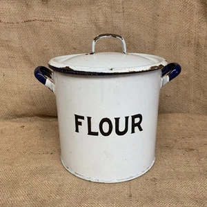 Vintage Enamel Flour Bin / Storage / Farmhouse / Cottage Kitchen / Blue & White - Picture 1 of 7