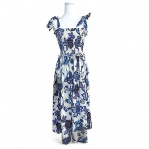 Smocked Blue and White Floral Bow Strap Maxi Dress Chinoiserie Style Small - Picture 1 of 10