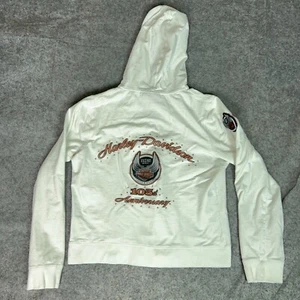 Harley Davidson Womens Sweatshirt Large White Zip Hoodie Biker 105 Anniversary - Picture 1 of 12