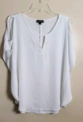 Le Chateau Flutter Sleeve Cold Shoulder White Blouse Top Medium V-Neck  - Image 1 of 4