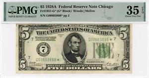 Fr. 1951-G* $5 1928A CHICAGO Federal Reserve Star Replacement Note. PMG 35 EPQ - Picture 1 of 2