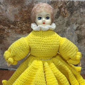 Vintage Porcelain Doll Southern Belle Handmade Yellow White Crochet Dress - Picture 1 of 12