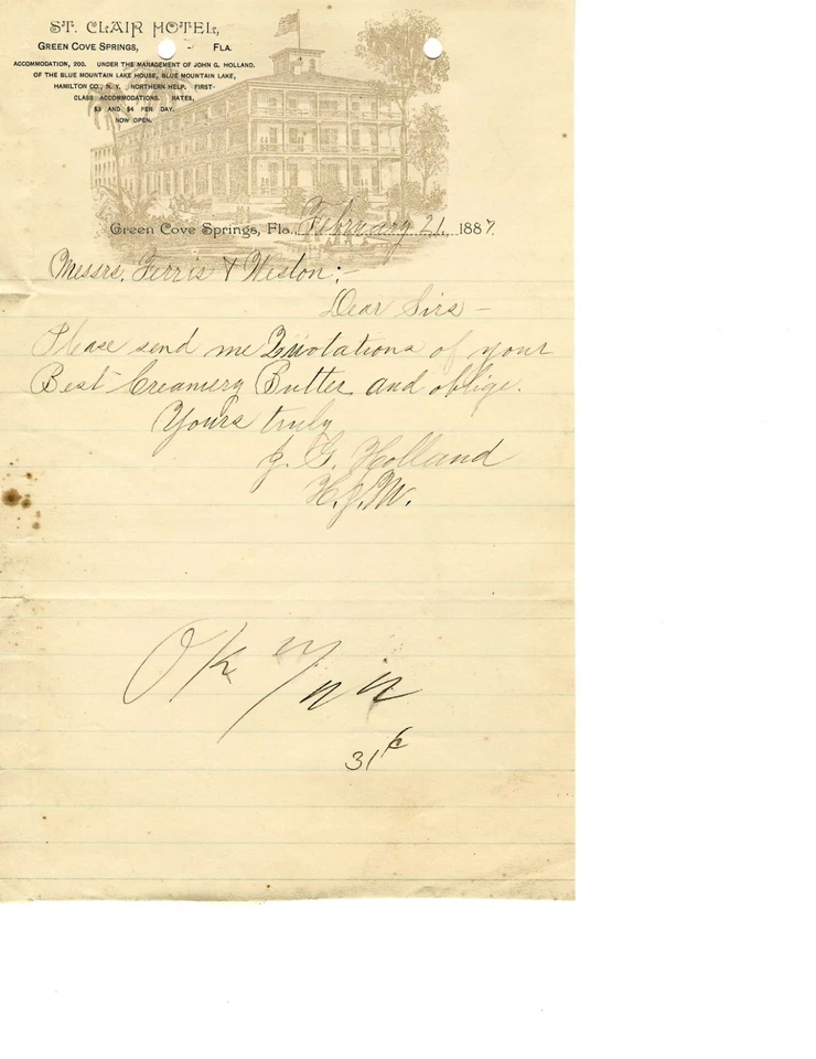 Green Cove Springs, Fl-The St Clair Hotel 1887 Membrete Pedido para Leche Foto 1 de 1