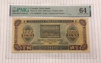 Croatia 1000 Kuna 1943 P-12 UNC PMG 64 Series A, low number 8876 - Image 1 of 2
