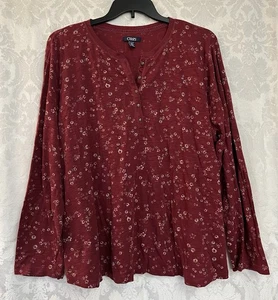 Chaps Women’s Long Sleeve Floral Print Henley Top Plus Size 2X GUC Cranberry Red - Picture 1 of 5