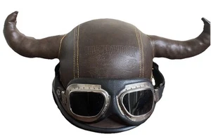 Harley Davidson Brown Leather Viking Horn Half Helmet w Goggles Med X Rare $$$$ - Picture 1 of 24