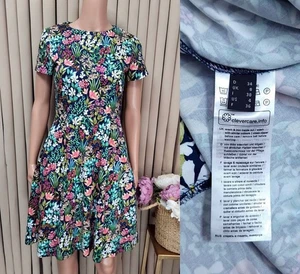 Esprit Collection Womens Dress Blouson Cotton Navy Teal Botanical Print Sz 4 - Picture 1 of 5
