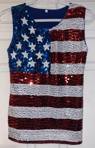 Top rosso, bianco e blu con paillettes senza maniche bandiera USA taglia S - Foto 1 di 3
