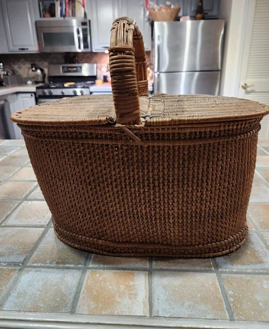 Vintage Farmhouse French Wicker Woven Picnic  Basket  Rare 2 Lids Antique Cover