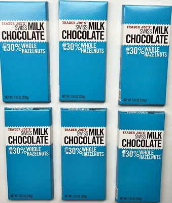 6 PACKS TRADER JOE'S SWISS MILK CHOCOLATE WITH 30% WHOLE HAZELNUTS 7 OZ Each Bar - Image 1 of 3