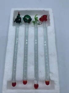 Vintage Art Glass Christmas Stir Sticks Swizzle Stirrer 4 Tree Wreath Stocking - Picture 1 of 1