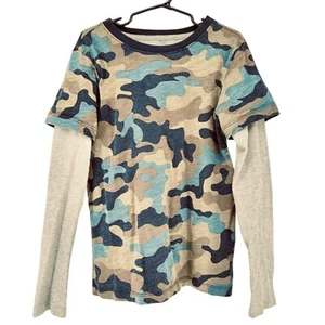 Lands End Layered Look T-Shirt Boys S 8 Camouflage Long-Sleeve Cotton Blue Beige - Picture 1 of 7