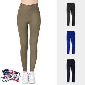 Women's V Crossed Waistband Compression Stretchy Yoga Leggings - Picture 1 of 11