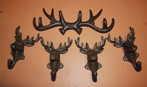 (5) Wall Mounted Antler Deer Head Wall Hooks, Rustic Cast iron, Set of 5 pieces - Picture 1 of 8