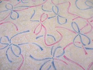 OOP Hoffman Cotton Fabric ~ Blue & Pink Ribbon Bows on Yellow ~ 1.5  Yards - Picture 1 of 3