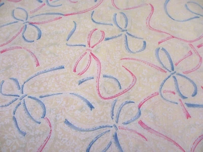 OOP Hoffman Cotton Fabric ~ Blue & Pink Ribbon Bows on Yellow ~ 1.5  Yards - Image 1 of 3