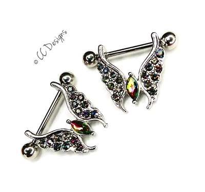 Par de anéis de mamilo 14g preto vitrail brilho Cz pendurado borboleta inseto J66 - Imagem 1 de 3