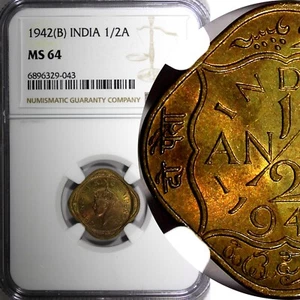 India-British George VI 1942 (B) 1/2 Anna NGC MS64 GEM BU KM# 534b.1 (043) - Picture 1 of 5