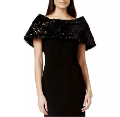 $79 NUEVO CON ETIQUETAS • SLNY • Lentejuelas Doradas Negras PIEL SINTÉTICA Estola Capa Bolero Encogerse de hombros Chal Evento Foto 1 de 4