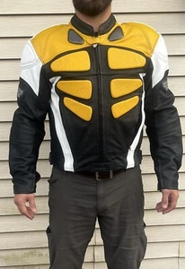 FIRST GEAR Black Yellow White Leather Motorcycle Jacket, 46 w/armor ZIPS - Picture 1 of 13
