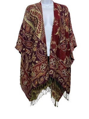 Paisley Shawl Womens One Size Burgundy Gold Fringed Boho Kimono Wrap Ruana - Image 1 of 4