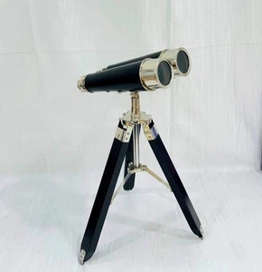 Captain's Solid Brass Binoculars Chrome Finish Monocular WITH black wooden stand - Picture 1 of 16