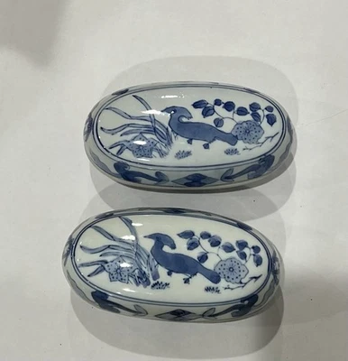 Duas antigas caixas de bugigangas de pássaro azul e branco porcelana da República da China assinadas - Imagem 1 de 4