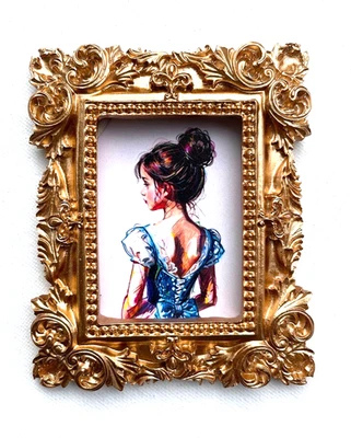 Little Girl in Victorian Dress Tiny Miniature Mini ART PRINT Gold Frame NOT ACEO - Image 1 of 4