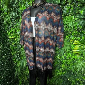 Women Sweater 14/16W Black Multicolor Duster Cardigan Fringe Accent Cato 1438 - Picture 1 of 8