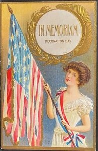 DECORATION DAY POSTCARD-BEAUTY & WAR TORN AMERICAN FLAG-IN MEMORIAM CIVIL WAR - Picture 1 of 2