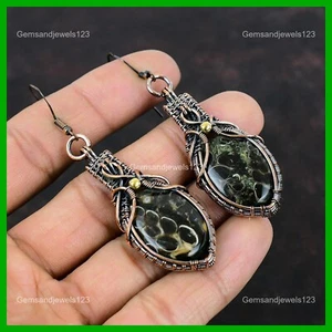 Copper Oval Natural Turritella Agate Mother Drop Dangle Wire Wrapped Earrings - Picture 1 of 6