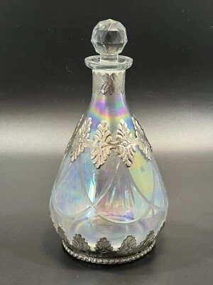 Decantador de vidrio transparente grabado Art Nouveau deco con superposición de plata ornamentada de colección 10" T Foto 1 de 4