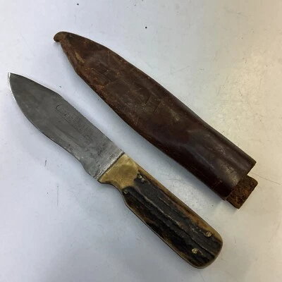 Cuchillo de hoja fija y funda de tubo de cuero vintage Canicas Gladstone Dall Deweese Foto 1 de 4