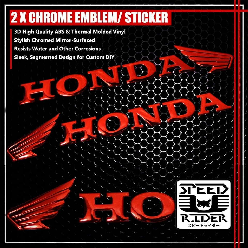 PAIR 6.25"x 1.5" 3D ABS HONDA WING LOGO EMBLEM DECAL+LETTER STICKER CHROMED RED - Image 1 of 1