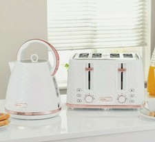 NEW - Diamond Design Beautiful White & Rose Gold Kettle And 4 slice Toaster Set