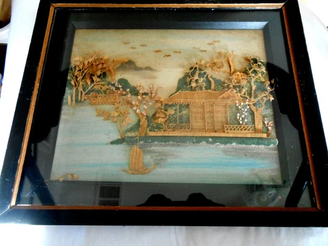 Oriental  Antique Unusual Wood Inlay Hand Made Scene trees, home, water and tree Cover