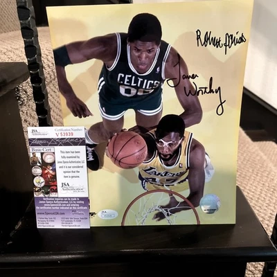 Robert Parish James Worthy Signed Autographed 8 1/2 x11 photo Lakers Celtics JSA - Image 1 of 4
