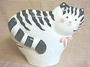 SWEET Black & White Ceramic KITTY CAT w/ Pink Bow - 8.5" tall - Picture 1 of 7
