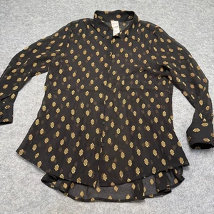Chico's 1  Black With Gold Print Sheer Blouse Pleated Back Flowy Button Up  - Picture 1 of 7