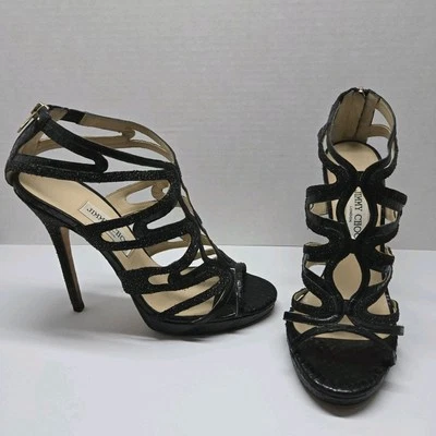 Jimmy Choo Black Python Stardust Glitter Suede Open Toe Platform Sandals Size 39 - Image 1 of 4