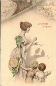 JOYEUSES PAQUES - EASTER - BEAUTIFUL WOMAN SHADOWS - OLD UNDIVIDED BACK POSTCARD - Picture 1 of 2