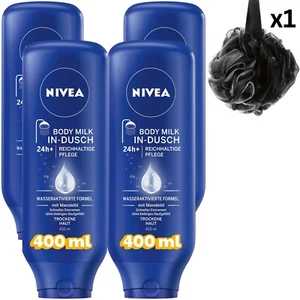Nivea In Shower Moisturiser, Body Moisturiser for Dry Skin (4 x 400 ml) + Sponge - Picture 1 of 4