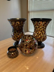 PartyLite GLOBAL FUSION Hurricane Mosaics Glass Candle Holders 12” 6.5” & 3” - Picture 1 of 19