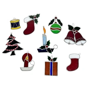 Vintage Stained Glass Holiday Window Sun Catcher Christmas Ornaments Lot Of 9 - Picture 1 of 8