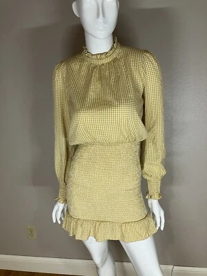 Forever 21 女式芥末黄色方格气球袖缩褶连衣裙 M 码 — 第 1/4 张图片