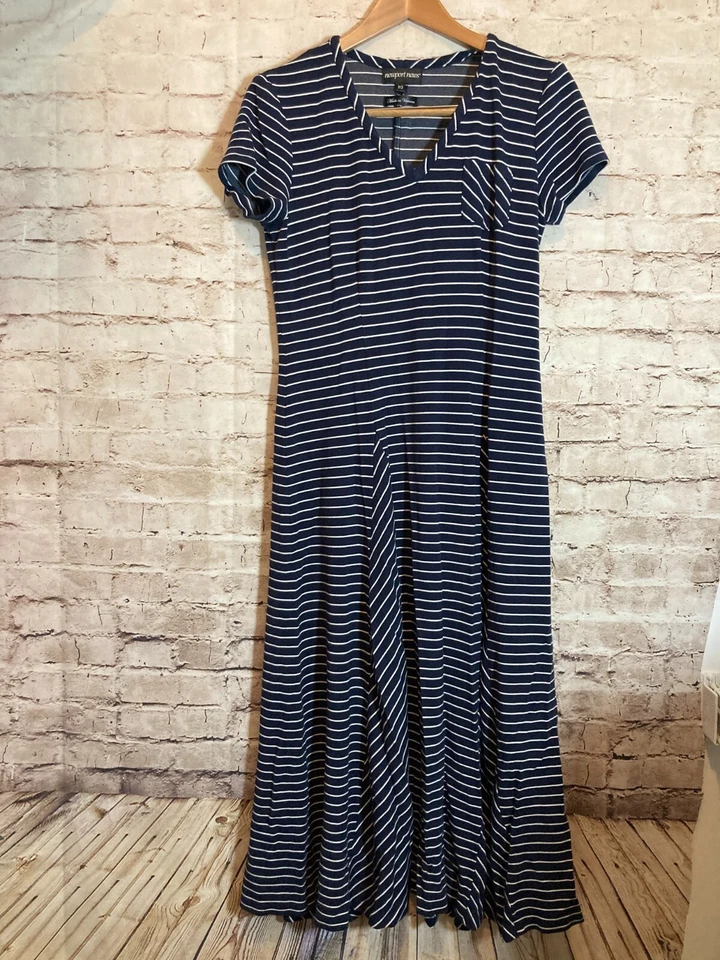 Maxi Vestido Newport News Para Mujer 10 Azul Marino Rayas Ultra Elastizado Fluido Largo Foto 1 de 4