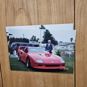 VINTAGE 1990'S PHOTO OF OLDER MAN POSING WITH 1987-1992 FERRARI F40 SUPERCAR - Picture 1 of 4