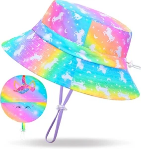 Girls Sun Hat for Kids UV Protection Unicorn Summer Beach Rainbow - Picture 1 of 7